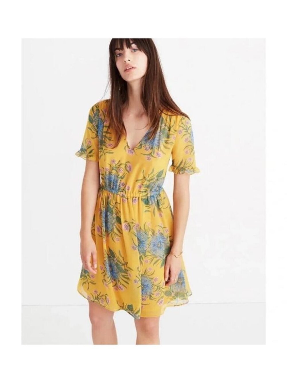 Madewell Sweetgrass Yellow Orang eBlue V-Neck A-Line Pleated Dress Size 2